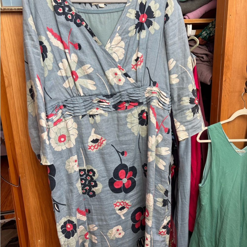 Boden Blue Floral Midi Dress with Cream and Red Accents